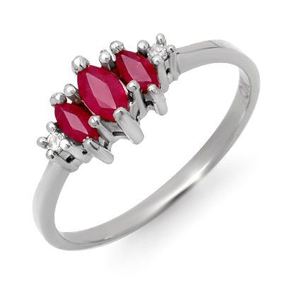 Genuine 0.54 ctw Ruby & Diamond Ring 10K White Gold: Diamond: 2 Round cut @ 0.03 ctw Clarity: SI-I Color: H-KGemstone: Natural RubyGemstone color: RedGemstone quality: Good-to-Very GoodGemstone Cut & Weight: 3 Marquise cut @ 0.51 ctwMetal Purity & Color