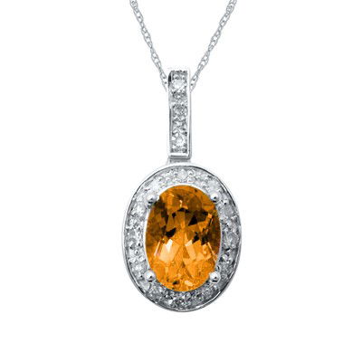 GENUINE 1.12 ctw DIAMOND and CITRINE PENDANT 14K WHITE: Diamond count: 22 Round cut Diamond weight: 0.12 CT Diamond Color & Clarity: I/ SI1-SI2Gemstone count: 1 Oval cut CITRINE @ 1 CT Gemstone quality: AA Metal: 14K WHITE GOLD Approx. 1.7 grams Dimension: