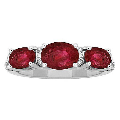 GENUINE 1.97 ctw DIAMOND and RUBY RING 14K WHITE GOLD: Diamond count: 72 Round cut Diamond weight: 0.37 CT Diamond Color & Clarity: I/ SI1-SI2Gemstone count: 3 Oval cut RUBY @ 1.6 CT Gemstone quality: aa Metal: 14K WHITE GOLD Approx. 4.3 grams Dimension: 