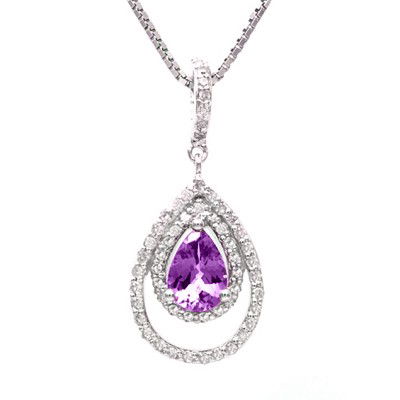 GENUINE 1.29 ctw DIAMOND and AMETHYST PENDANT 14K WHIT: Diamond count: 56 Round cut Diamond weight: 0.29 CT Diamond Color & Clarity: I/ SI1-SI2Gemstone count: 1 Pear cut AMETHYST @ 1 CT Gemstone quality: AA Metal: 14K WHITE GOLD Approx. 2 grams Dimension: