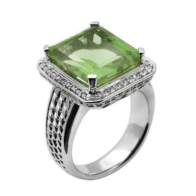 GENUINE 9.65 ctw DIAMOND and GREEN AMETHYST RING 14K WH: Diamond count: 86 Round cut Diamond weight: 0.65 CT Diamond Color & Clarity: I/ SI1-SI2Gemstone count: 1 Octagon cut GREEN AMETHYST@ 9 CT Gemstone quality: AA Metal: 14K WHITE GOLD Approx. 15.6 grams