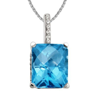 GENUINE 6.25 ctw DIAMOND and BLUE TOPAZ PENDANT 14K WHI: Diamond count: 49 Round cut Diamond weight: 0.25 CT Diamond Color & Clarity: I/ SI1-SI2Gemstone count: 1 Octagon cut BLUE TOPAZ@ 6 CT Gemstone quality: AA Metal: 14K WHITE GOLD Approx. 2.8 grams Dimen