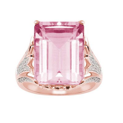 GENUINE 11.6 ctw DIAMOND and PINK QUARTZ RING 14K ROSE : Diamond count: 120 Round cut Diamond weight: 0.6 CT Diamond Color & Clarity: I/ SI1-SI2Gemstone count: 1 Octagon cut PINK QUARTZ@ 11 CT Gemstone quality: AA Metal: 14K ROSE GOLD Approx. 8.1 grams Dime