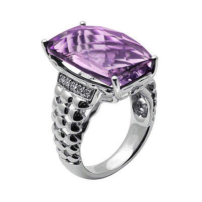 GENUINE 15.1 ctw DIAMOND and AMETHYST RING 14K WHITE GO: Diamond count: 10 Round cut Diamond weight: 0.1 CT Diamond Color & Clarity: I/ SI1-SI2Gemstone count: 1 Octagon cut AMETHYST @ 15 CT Gemstone quality: AA Metal: 14K WHITE GOLD Approx. 11 grams Dimensi