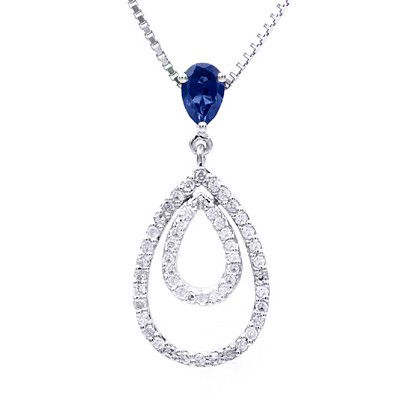 GENUINE 0.76 ctw DIAMOND and BLUE SAPPHIRE PENDANT 14K : Diamond count: 51 Round cut Diamond weight: 0.26 CT Diamond Color & Clarity: I/ SI1-SI2Gemstone count: 1 Pear cut BLUE SAPPHIRE@ 0.5 CT Gemstone quality: AA Metal: 14K WHITE GOLD Approx. 1.9 grams Dim