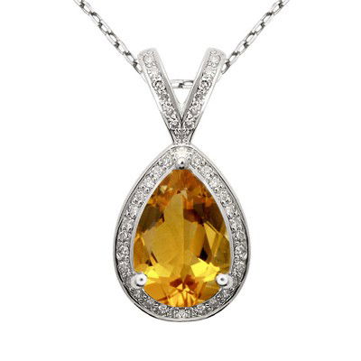 GENUINE 3.16 ctw DIAMOND and CITRINE PENDANT 14K WHITE: Diamond count: 70 Round cut Diamond weight: 0.36 CT Diamond Color & Clarity: I/ SI1-SI2Gemstone count: 1 Pear cut CITRINE @ 2.8 CT Gemstone quality: AA Metal: 14K WHITE GOLD Approx. 2.4 grams Dimensio