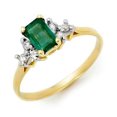 Genuine 0.74 ctw Emerald & Diamond Ring 10K Yellow Gold: Diamond: 6 Round cut @ 0.14 ctw Clarity: SI-I Color: H-KGemstone: Natural EmeraldGemstone color: GreenGemstone quality: Good-to-Very GoodGemstone Cut & Weight: 1 Emerald cut @ 0.60 ctwMetal Purity & C