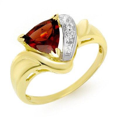 Genuine 1.28 ctw Garnet & Diamond Ring 10K Yellow Gold: Diamond: 1 Round cut @ 0.02 ctw Clarity: SI-I Color: H-KGemstone: Natural GarnetGemstone color: RedGemstone quality: Good-to-Very GoodGemstone Cut & Weight: 1 Trillion cut @ 1.26 ctwMetal Purity & Col