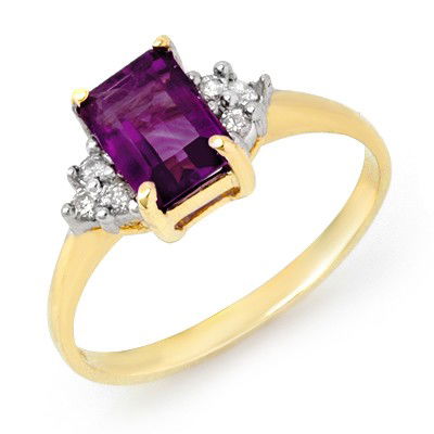 Genuine 1.16ctw Amethyst & Diamond Ring 10K Yellow Gold: Diamond: 6 Round cut @ 0.12 ctw Clarity: SI-I Color: H-KGemstone: Natural AmethystGemstone color: PurpleGemstone quality: Good-to-Very GoodGemstone Cut & Weight: 1 Emerald cut @ 1.04 ctwMetal Purity &