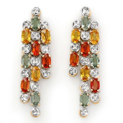 Genuine 4.08 ctw Sapphire & Diamond Earrings 14K Gold: Diamond: 24 Round cut @ 0.33 ctw Clarity: SI-I Color: H-KGemstone: Natural SapphireGemstone color: Multi-colorGemstone quality: Good-to-Very GoodGemstone Cut & Weight: 18 Oval cut @ 3.75 ctwMetal Puri