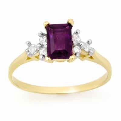 Genuine 1.14ctw Amethyst & Diamond Ring 10K Yellow Gold: Diamond: 6 Round cut @ 0.14 ctw Clarity: SI-I Color: H-KGemstone: Natural AmethystGemstone color: PurpleGemstone quality: Good-to-Very GoodGemstone Cut & Weight: 1 Emerald cut @ 1.0 ctwMetal Purity &