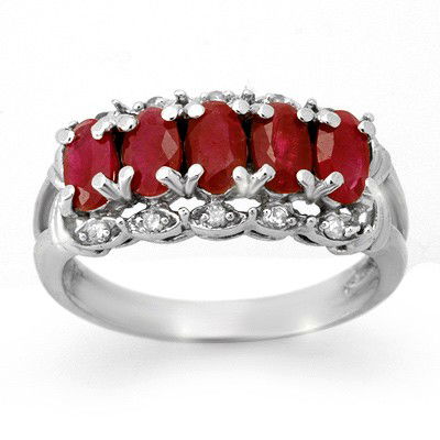 Genuine 2.0 ctw Ruby & Diamond Ring 10K White Gold: Diamond: 10 Round cut @ 0.15 ctw Clarity: SI-I Color: H-KGemstone: Natural RubyGemstone color: RedGemstone quality: Good-to-Very GoodGemstone Cut & Weight: 5 Oval cut @ 1.85 ctwMetal Purity & Color :