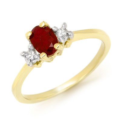 Genuine 1.36 ctw Ruby & Diamond Ring 10K Yellow Gold: Diamond: 2 Round cut @ 0.17 ctw Clarity: SI-I Color: H-KGemstone: Natural RubyGemstone color: RedGemstone quality: Good-to-Very GoodGemstone Cut & Weight: 1 Oval cut @ 1.19 ctwMetal Purity & Color : 1