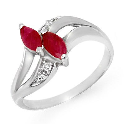 Genuine 0.62 ctw Ruby & Diamond Ring 10K White Gold * M: Diamond: 4 Round cut @ 0.05 ctw Clarity: SI-I Color: H-KGemstone: Natural RubyGemstone color: RedGemstone quality: Good-to-Very GoodGemstone Cut & Weight: 2 Marquise cut @ 0.57 ctwMetal Purity & Color