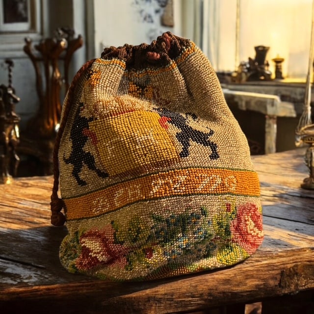 Antique  Glass Micro-beaded Draw String Purse Crest with Name and Date 1825 (1 of 7)