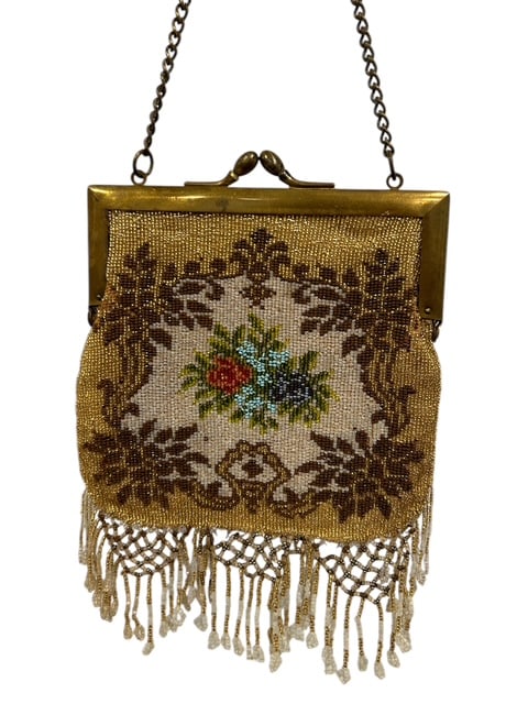 Victorian Handmade Gold, Brown, Opalescent Glass Beaded Purse: Victorian Handmade Gold, Brown, Opalescent Glass Beaded Purse Late 1800 to Early 1900 Glass Beaded Purse. Rose detailed with a brass frame and leather lined. Clasp in good working condition