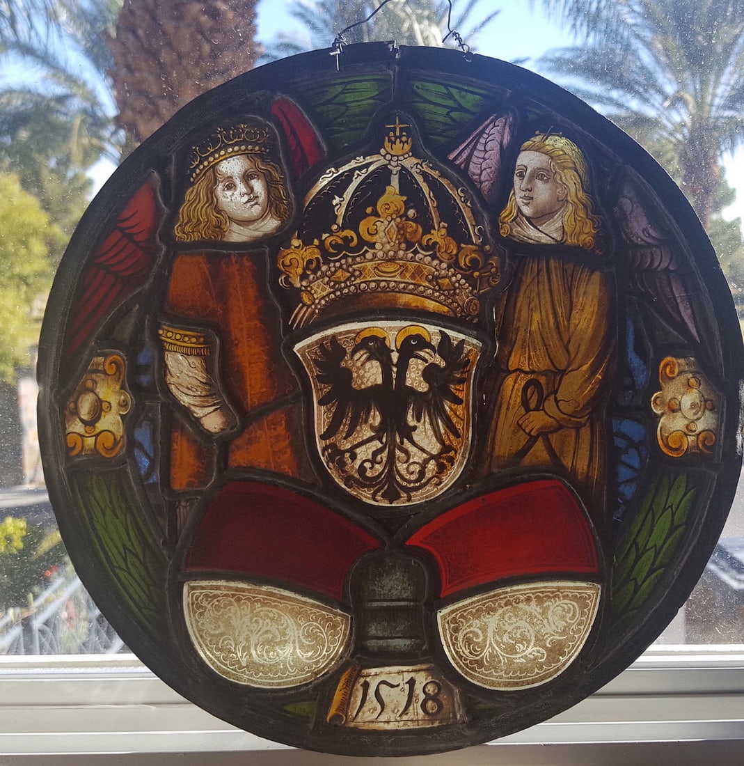 German Renaissance Antique Stained Glass Armorial Rondel: Artist: Antique Stained Glass Rondel Swiss/GermanTitle: (Armorial Rondel bearing date of 1518 at base)Medium: Stained glassSize: 11” inches diameterCondition: A few loose elements, otherwise app
