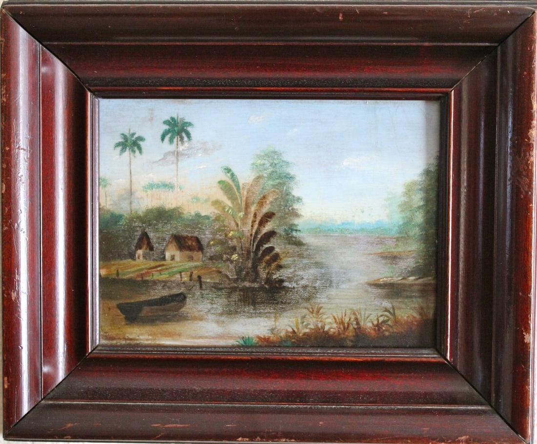 Esteban Chartrand (1840-1884) CUBA antique painting: Artist: Esteban Chartrand (1840-1884, French)Title: (cuban landscape)Medium: Oil on pannelSize: 6 3/4" x 9" approximate (not including frame)Date: 1870's circaRARE 19th century painting of Cuba by Fre