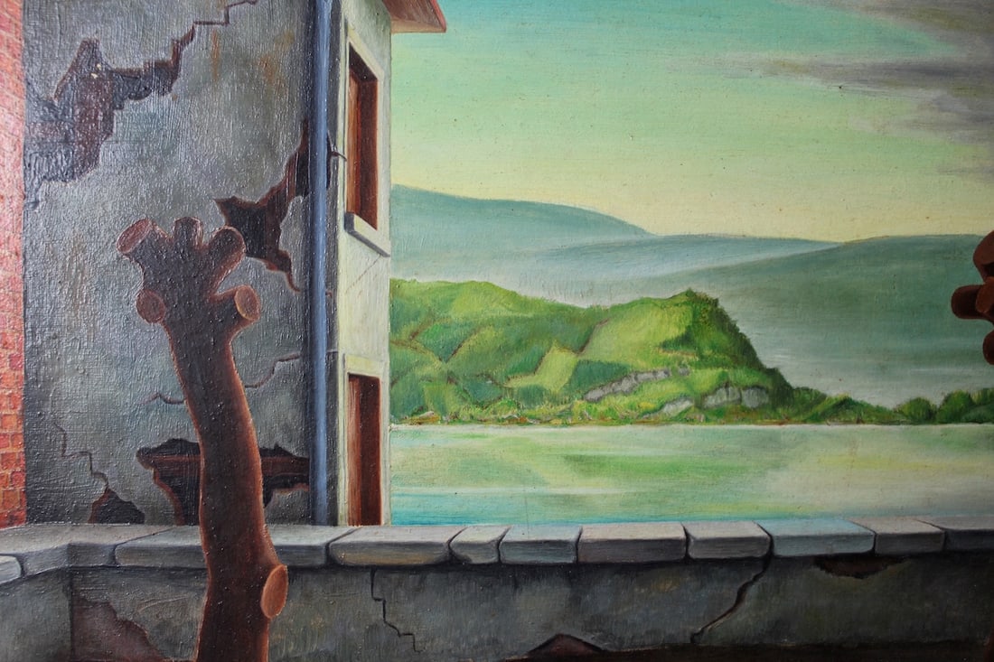 George W. Staempfli Surrealist painting modern: Artist: George W. StaempfliTitle: Untitled (surrealist landscape)Medium: Oil on BoardSize: 12" x 16" (actual painting - not including frame) Date: 1948
