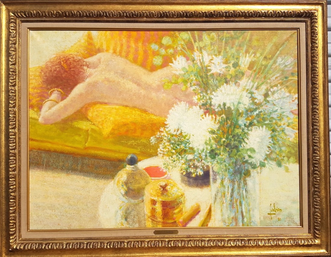 Louis P. Fabien French Belgian Impressionist Nude Painting: Artist: Louis P. Fabien (France, 1924 - )Title: (Nude)Date: 1981 Medium: Oil on Canvas Size: 31" x 38" approximate framed size Notes: $5,000+ retail gallery value. Highly decorative painting, with ric