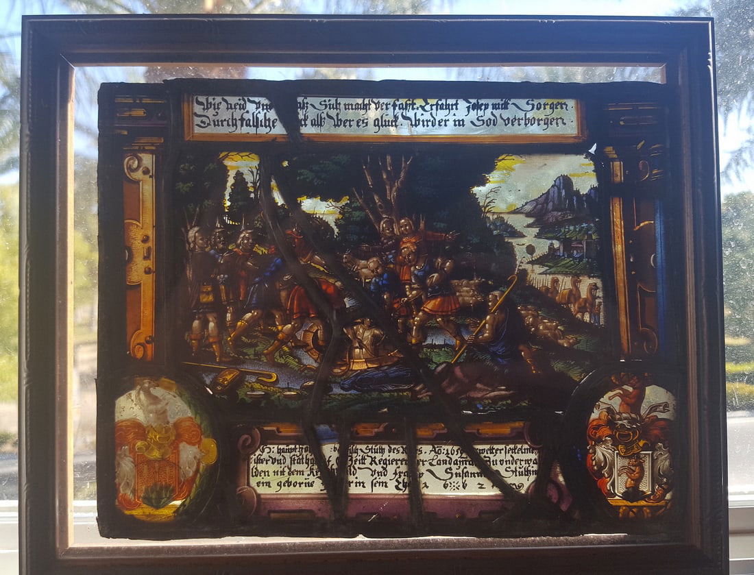 Antique Stained Glass German Baroque Mythological Scene: Artist: Antique Stained Glass German Baroque EraTitle: (Mythological scene with heraldic crests)Medium: Stained glassSize: 6 5/8” x 8 1/2” inches - 8 1/4” x 10” framed Date: 16