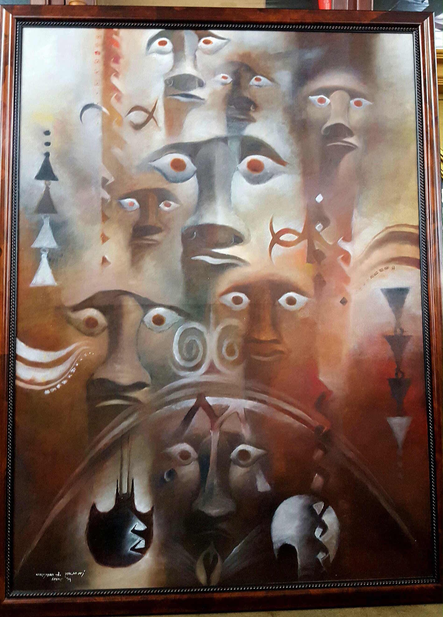 Cristián Arévalo Pakarati Easter Island Mythological Painting HUGE: Artist: Cristián Arévalo PakaratiTitle: Tree of LifeMedium: Acrylic on canvasSize: 50" x 66" framed size. (MONUMENTAL)Date: 1980 NOTE: This item ships from Las Vegas, NV