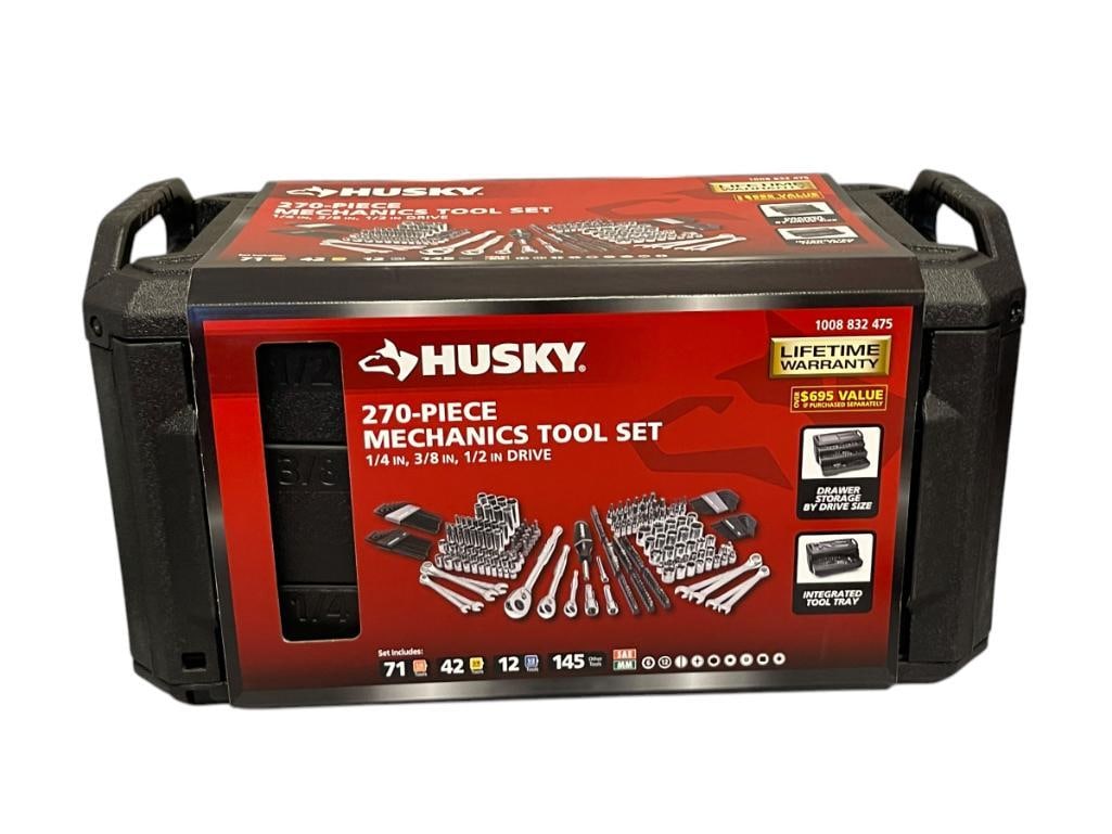 NEW IN BOX HUSKY 270 PIECE MECHANICS TOOL SET: FEATURING 1/4", 3/8", AND 1/2" DRIVES, DRAWER STORAGE BY DRIVER SIZE, INTEGRATED TOOL TRAY 20" X 11" X 11"Â 