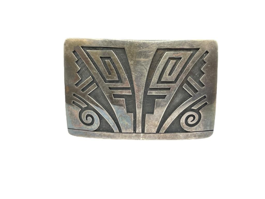 VINTAGE HOPI ARTIST SIGNED STERLING SILVER BELT BUCKLE: ARTIST SIGNED WITH TWO SYMBOLS, SEE PHOTO 2 7/8", 50.72 GRAMS