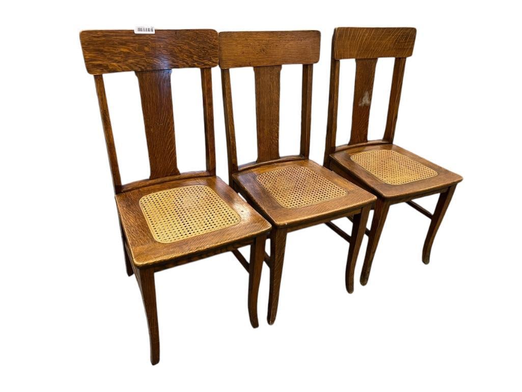 THREE ANTIQUE QUARTER SAWN OAK DINING CHAIRS BY THE FORD & JOHNSON COMPANY OF CHICAGO, ILLINOIS (1 of 12)
