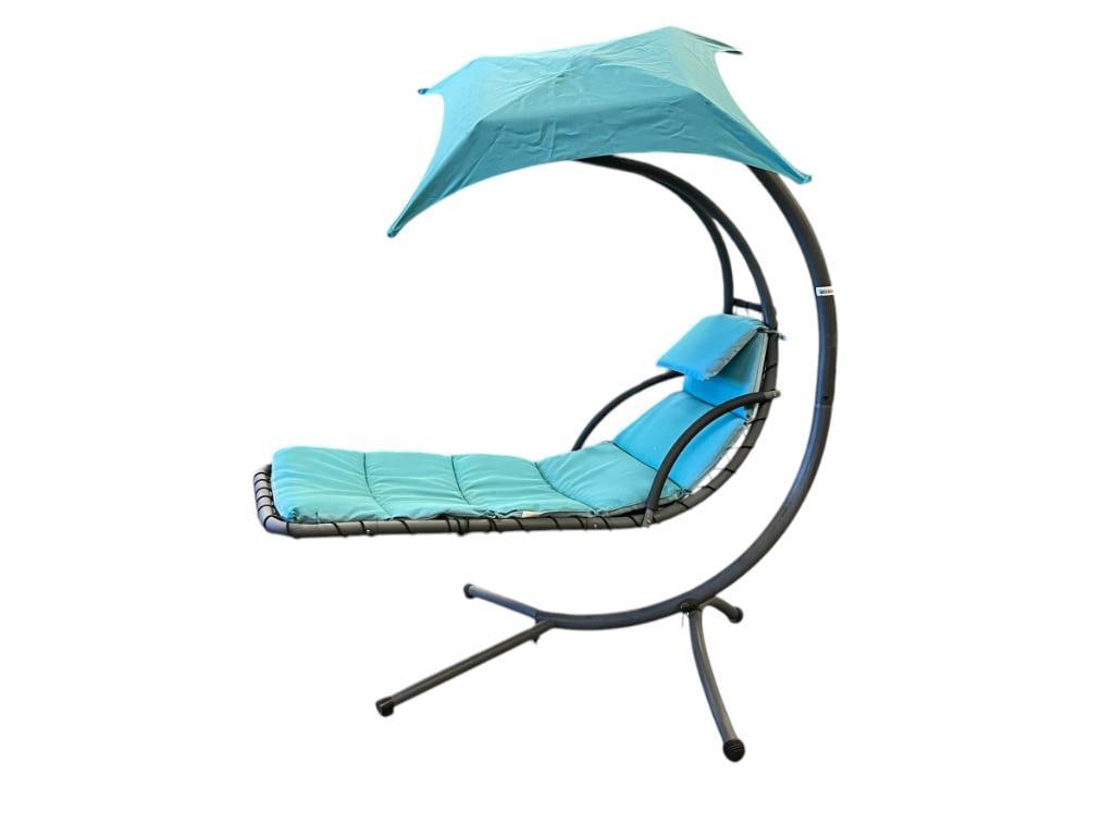 AWESOME FLOATING CHAISE LOUNGER PATIO CHAIR WITH CANOPY: CANOPY DOES SLIDE DOWN AND COLLAPSE IF NOT WANTED, HANGING SWING HAMMOCK DESIGN 60" WIDE X 84" HEIGHT, CHAIR IS 60" X 28"