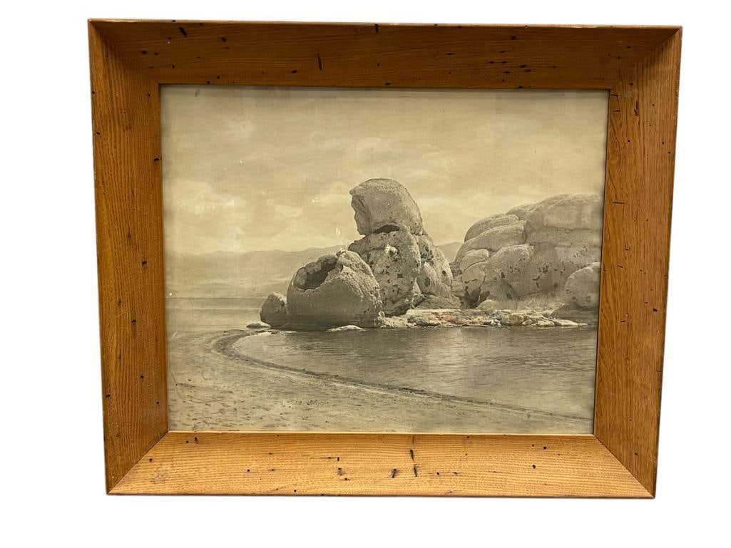 VINTAGE BLACK AND WHITE PRINT OF TUFA ROCK "STONE MOTHER" AT NEVADA'S PYRAMID LAKE: KNOWN FOR RICH NATIVE AMERICAN HISTORY PYRAMID LAKEÂ HAS BEEN INHABITED SINCE AT LEAST 9,500 B.C.E., THE PAIUTE TRIBE HAVE LIVED IN THE AREA FOR THE PAST 600 YEARS, IN RAW WOODEN FRAME 24 1/
