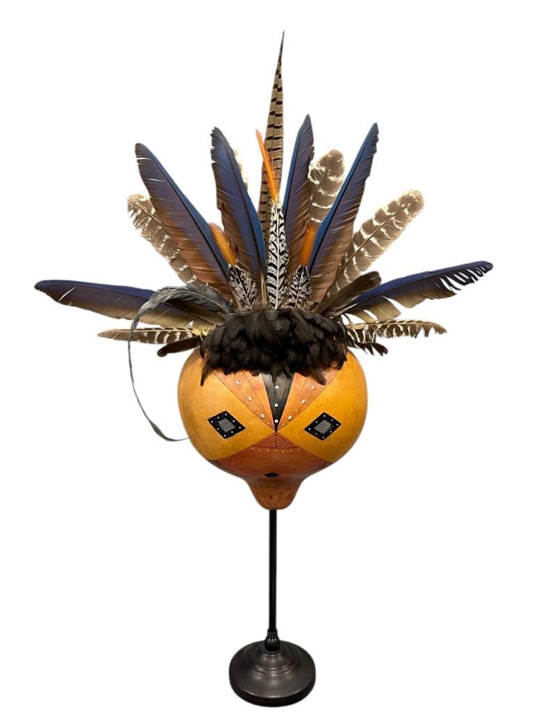 UNUSUAL NATIVE AMERICAN HAND MADE GOURD MASK FEATURING DY3D FEATHERS (1 of 9)