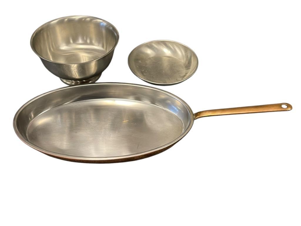 ASSORTED KITCHENWARE INCLUDING SOLID COPPER OVAL FISH FRYING PAN AND TWO PIECES OF PEWTER: INCLUDES A PAUL REVERE REPRODUCTION BOWL AND A STEIFF PEWTER FINGER BOWL PAN IS 13" WITH 7" HANDLE