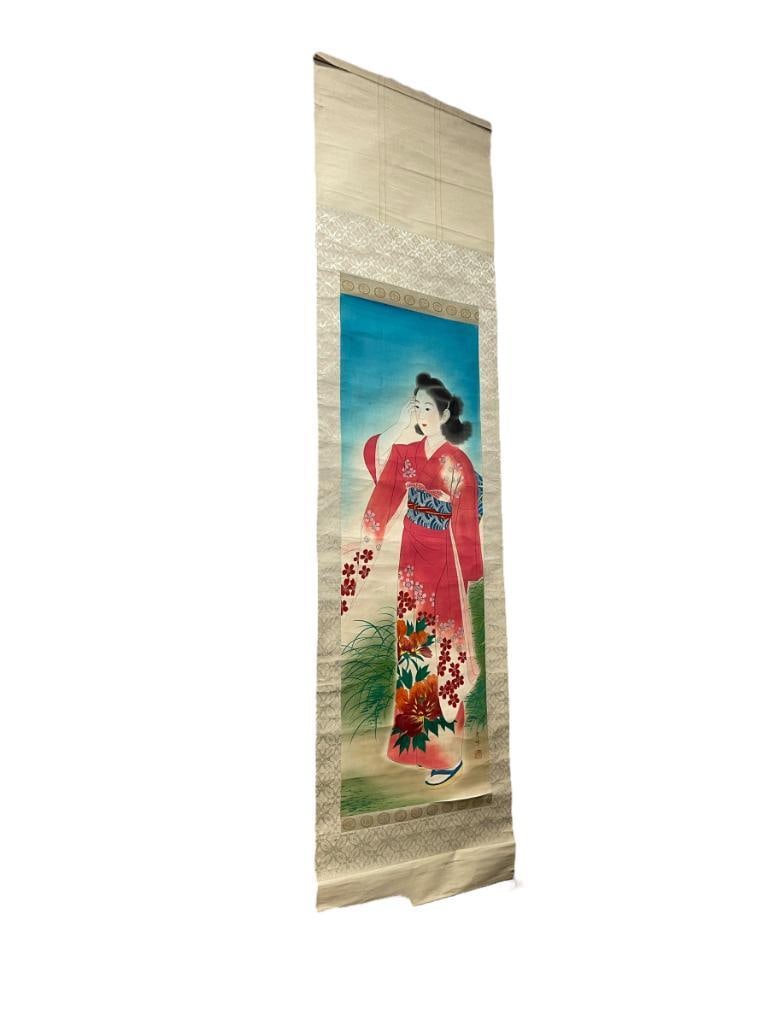 VINTAGE JAPANESE SCROLL PAINTING ON SILK OF WOMAN IN BRIGHT PINK KIMONO (1 of 7)