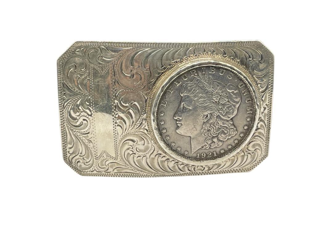 STERLING SILVER BELT BUCKLE WITH ENCASED 1921 U.S. MORGAN SILVER DOLLAR (1 of 10)
