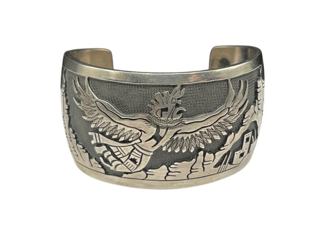 VINTAGE NAVAJO HYSON CRAIG STERLING SILVER THUNDERBIRD KACHINA CUFF BRACELET (1 of 6)