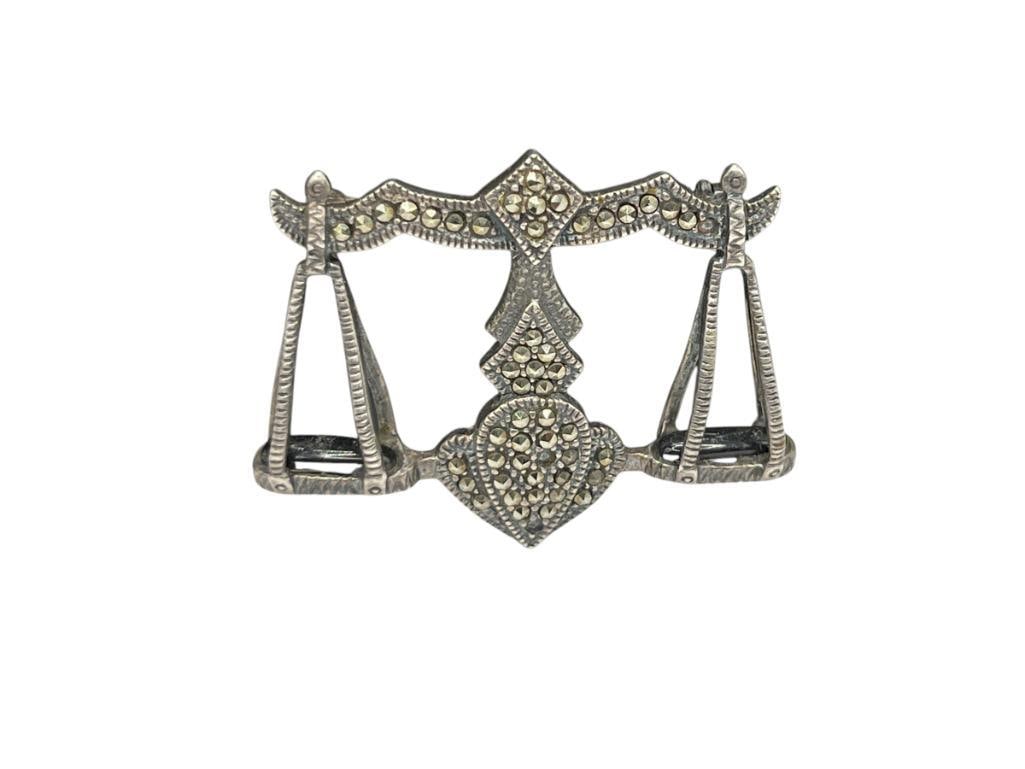 VINTAGE STERLING SILVER MARCASITE LIBRA BROOCH WITH ONYX ON SCALES: SIGNED 1 3/8" WIDE, 7.84 GRAMS