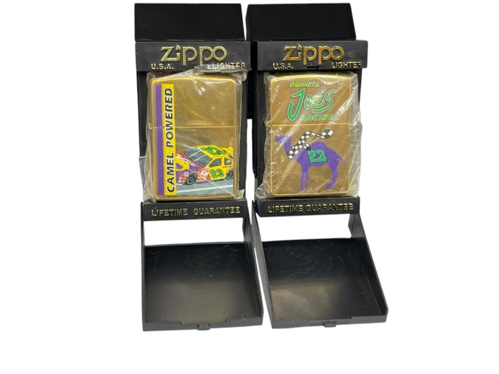 TWO VINTAGE JOE CAMEL "SMOKIN JOE'S RACING" ZIPPO BRASS LIGHTERS (1 of 9)