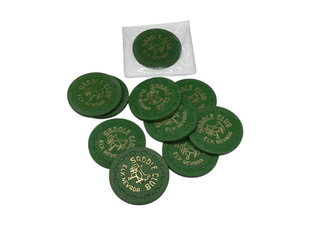 10 VINTAGE SADDLE CLUB ELY, NEVADA GREEN CASINO CHIPS (1 of 4)