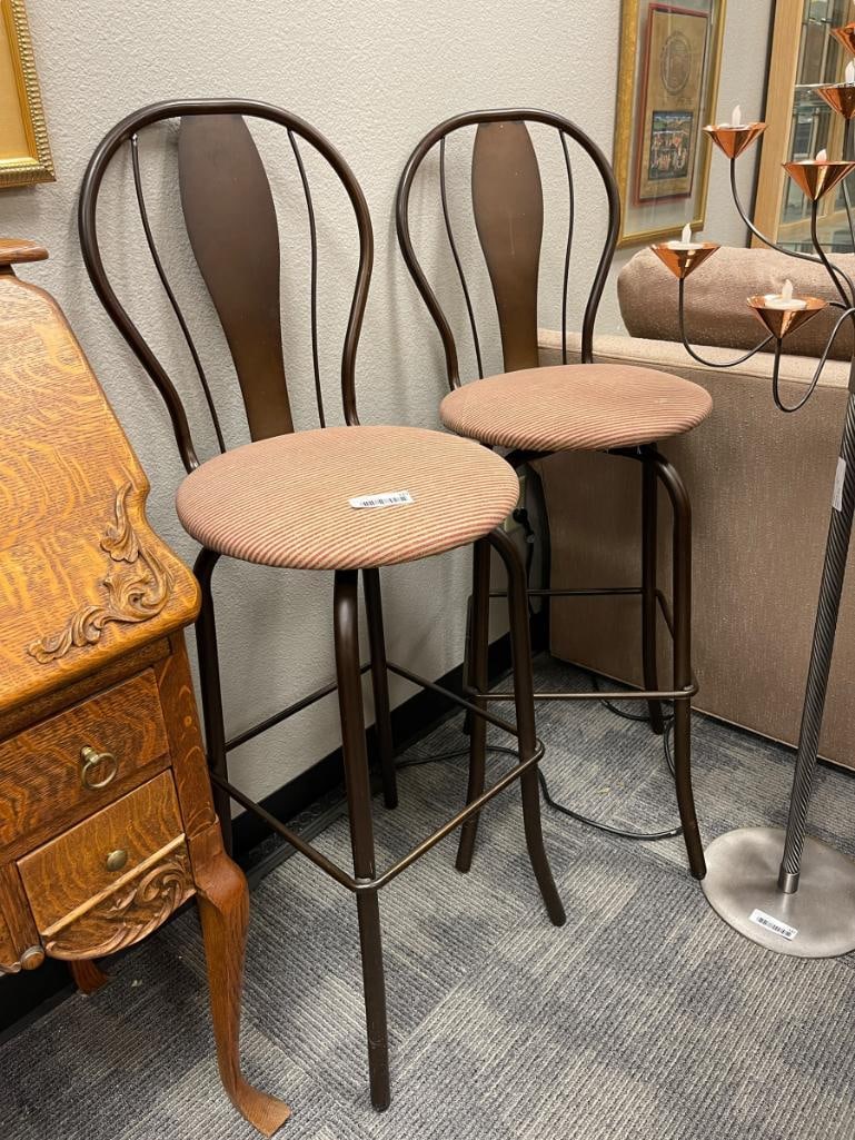 PAIR OF MODERN BAR STOOLS WITH BENT FRAME BACKS AND UPHOLSTERED SEATS (1 of 8)