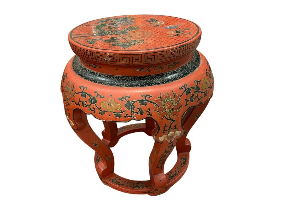 ANTIQUE CHINESE LAQUER STOOL WITH HAND PAINTED FLOWER AND BIRD DECORATIONS (1 of 7)
