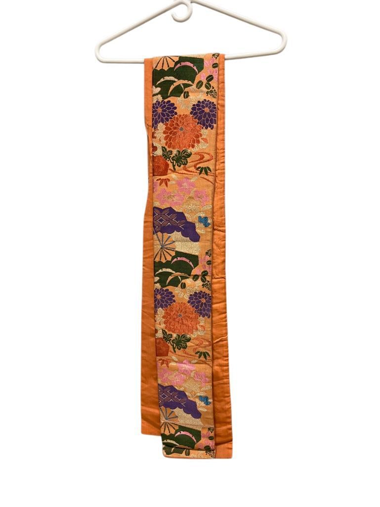 VINTAGE JAPANESE SILK KIMONO BELT WRAP: PEACH AND PURPLE HUES APPROX. 10' X UP TO 7 1/2"