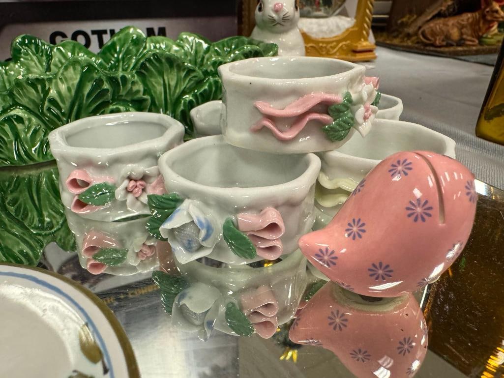 CERAMIC COLLECTIBLES INCLUDING JAPANESE DUAL RABBIT BUTTER DISH, ITALIAN CANDLESTICKS, AND MORE: ALSO INCLUDES SET OF SIX NAPKIN RING HOLDERS, ON OCTAGON GLASS TRAY RABBIT DISH IS 10"