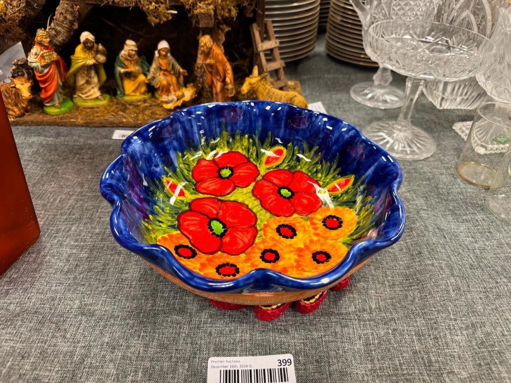PEP BIZZARRIE ITALIAN HAND PAINTED POTTERY BOWL: FEATURING MULTI-FLOWER DESIGN, RUFFLED RIM 10" DIAMTER X 3 1/2" HEIGHT