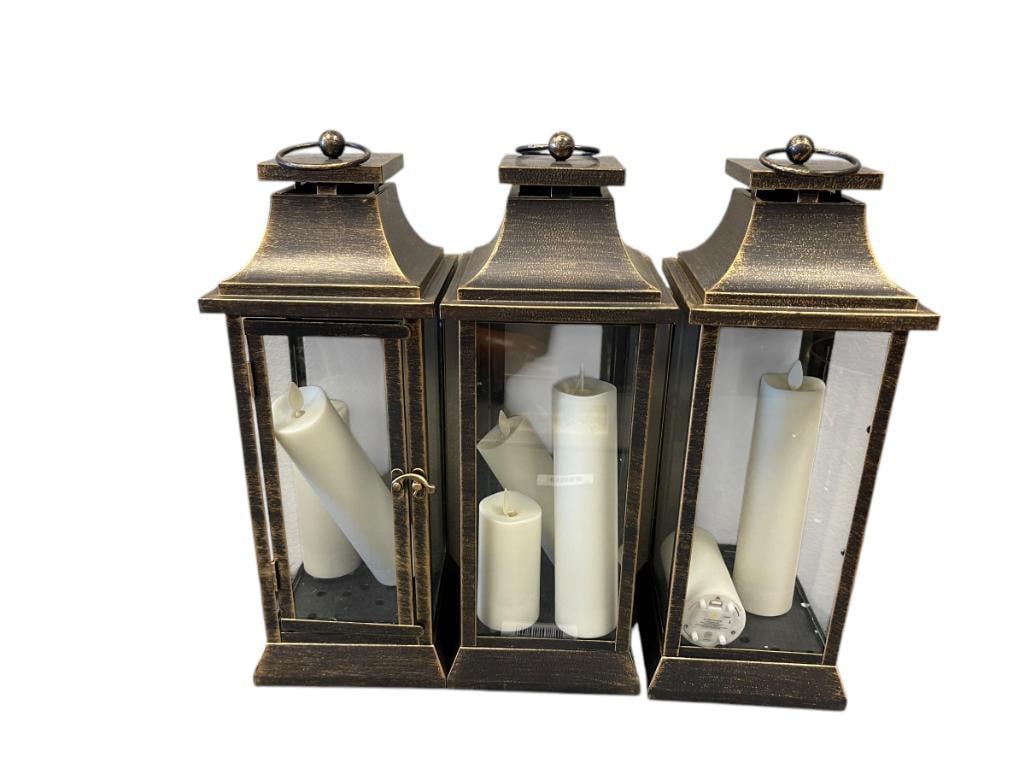 SET OF THREE RUSTIC METAL AND GLASS HANGING LANTERNS WITH ELECTRIC CANDLES (1 of 5)