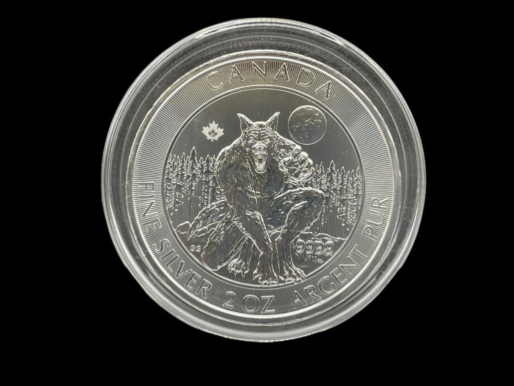 2021 CANADIAN .999 FINE SILVER $10 MAPLE LEAF FEATURING WEREWOLF THEME IN RELIEF: 2 TROY OUNCES