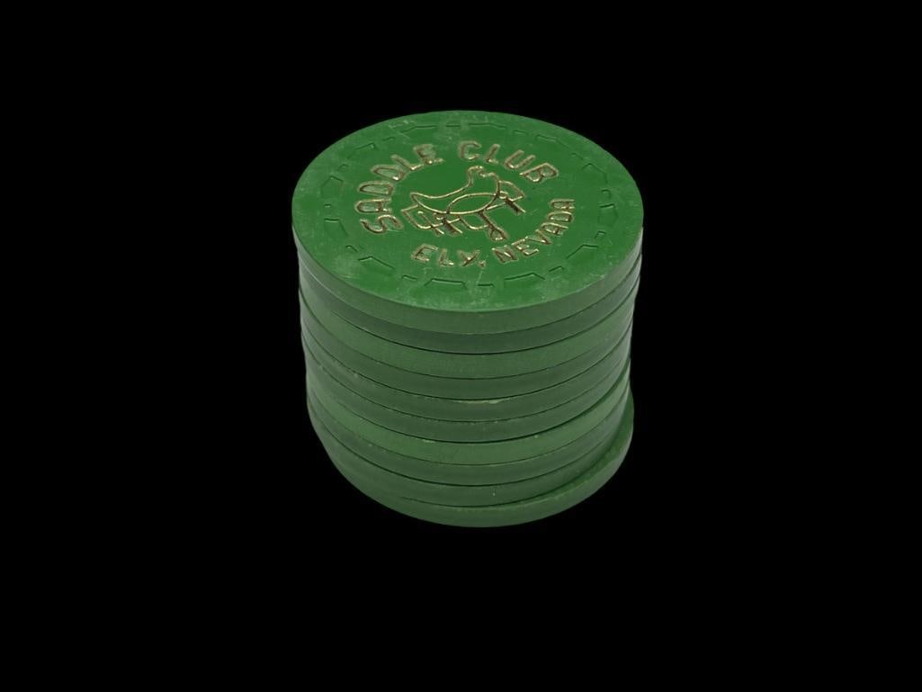 10 VINTAGE SADDLE CLUB ELY, NEVADA GREEN CASINO CHIPS (1 of 6)