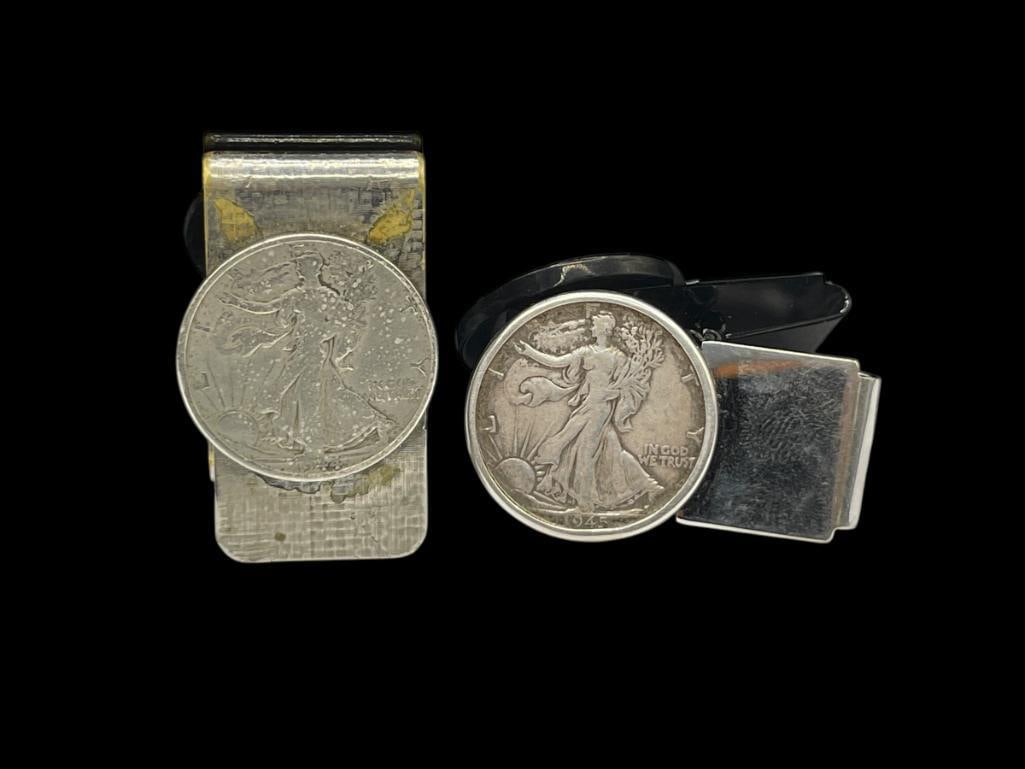 TWO U.S. WALKING LIBERTY 90% SILVER HALF DOLLARS ENCASED IN NON-SILVER MONEY CLIPS (1 of 6)