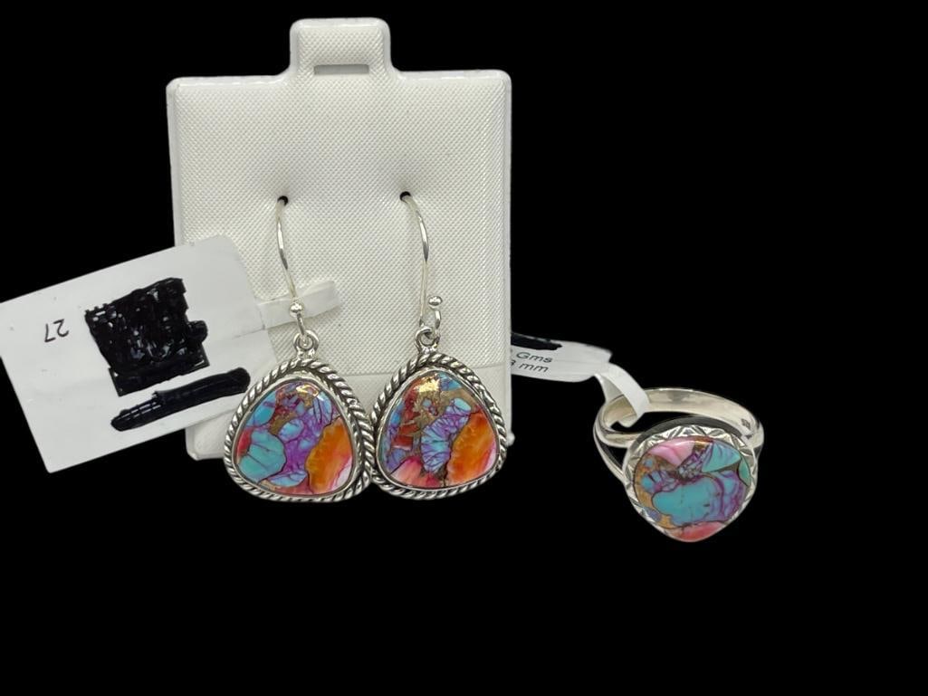 STERLING SILVER COPPER, KINGMAN, ORANGE DAHLIA STONE JEWELRY SET (1 of 5)