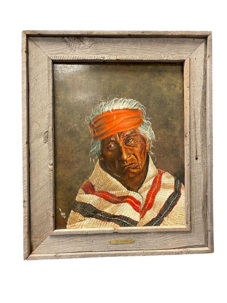 ORIGINAL OIL PAINTING ON BOARD OF NATIVE AMERICAN MAN TITLED "THE OLD ONE" SIGNED BY ARTIST (1 of 6)
